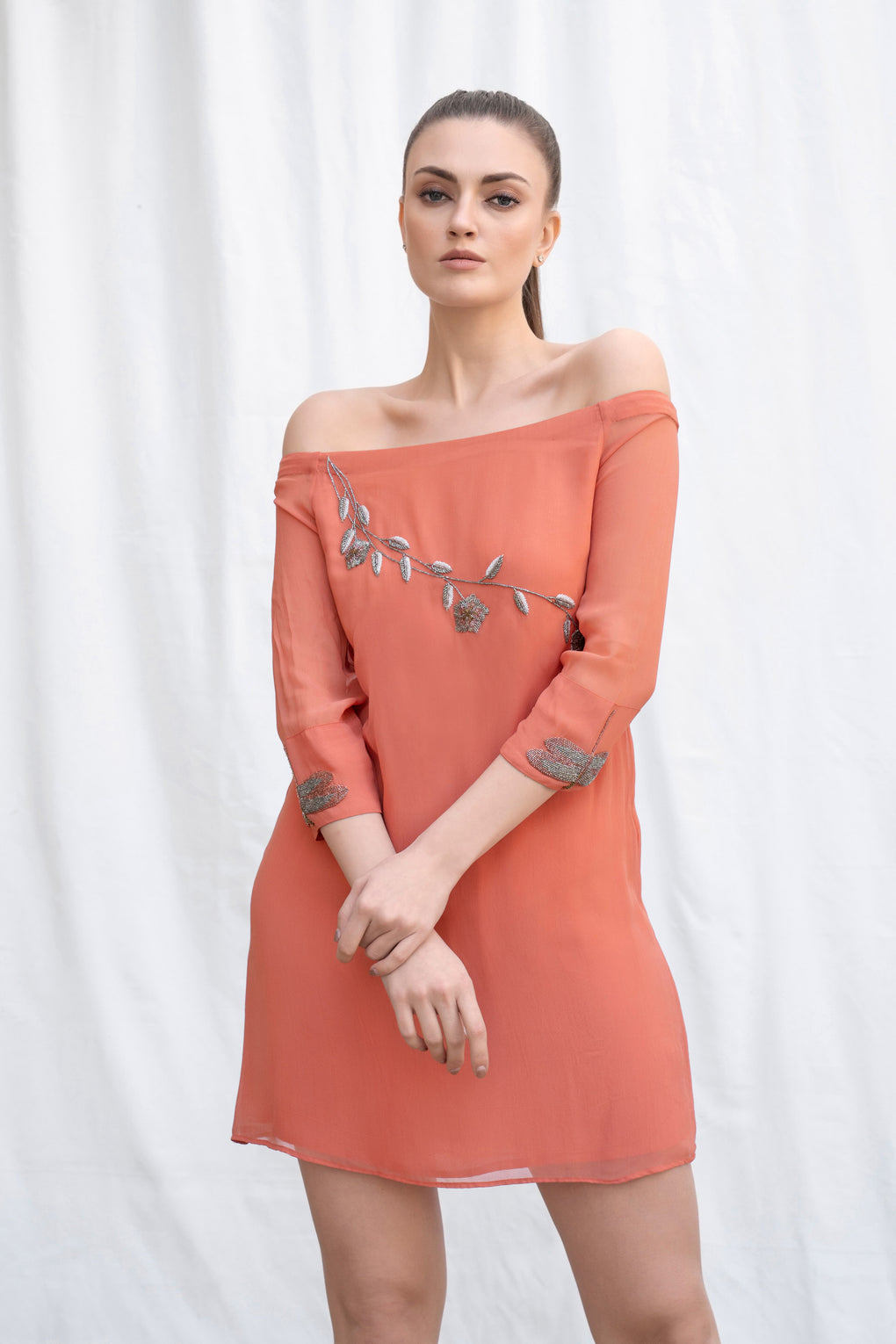 Chaylynn Peach Off Shoulder Ruched Dress – Miss Circle